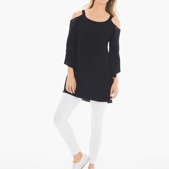 Chico’s black tunic cold shoulder crochet lace sleeve textured 12 (Chico’s 2) - Picture 1 of 14